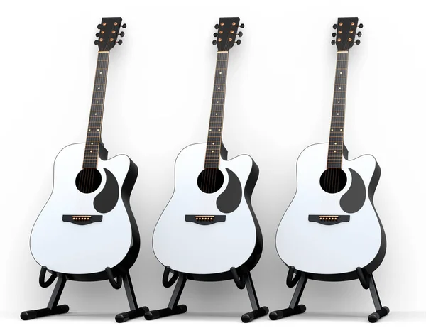 一套在白色背景上隔离的声学吉他 音乐商店用西班牙吉他制作摇滚音乐节海报的概念3D渲染 — 图库照片
