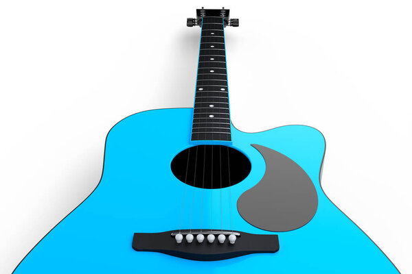 Close-up of acoustic guitar isolated on white background. 3d render of concept for rock festival poster with spanish guitar for music shop