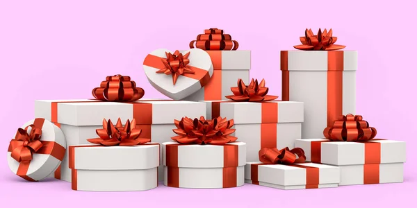 Geschenkschachteln Mit Schleife Und Schleife Isoliert Auf Rosa Hintergrund Renderkonzept — Stockfoto
