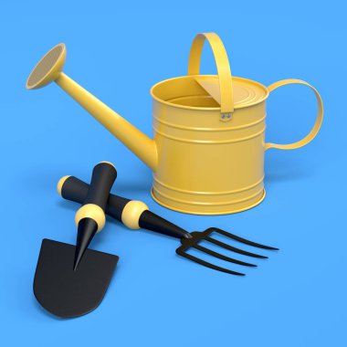 Watering can with garden tools like shovel, rake and fork on blue background. 3d render concept of horticulture and farming supplies