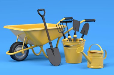 Bahçe el arabası. Mavi arka planda kürek, tırmık ve çatal gibi aletler var. 3D bahçe işleri ve tarım malzemeleri kavramı