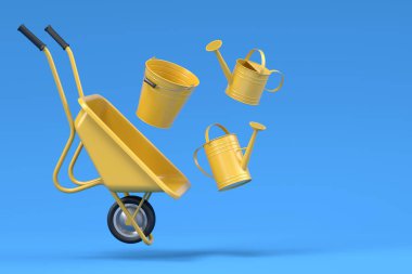 Bahçe el arabası, su kovası gibi bahçe aletleri, mavi arka planda tırmık ve kova. 3D bahçe işleri ve tarım malzemeleri kavramı