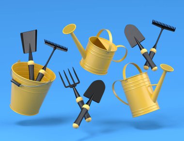 Mavi arka planda kürek, tırmık ve çatal gibi bahçe aletleriyle sulama tenekesi. 3D bahçe işleri ve tarım malzemeleri kavramı