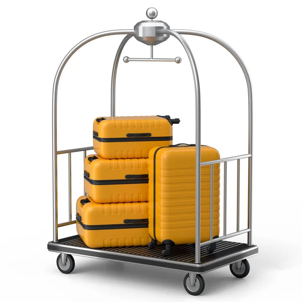 白い背景に荷物を運ぶためのホテルのトロリーカート上の通常のポリカーボネートスーツケース 休暇や荷物輸送にホテルサービスの3Dレンダリング旅行コンセプト — ストック写真