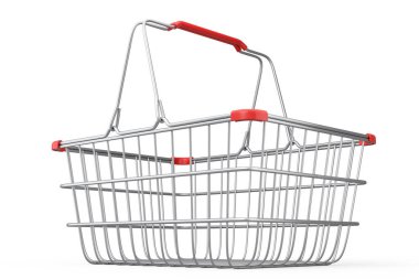 Metal wire shopping basket from supermarket on white background. 3d render concept of online shopping andblack friday sale