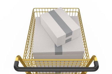 Alışveriş arabası ya da market arabası beyaz arka planda. 3D satış, indirim, alışveriş ve teslimat konsepti, paket ve çevrimiçi alışveriş