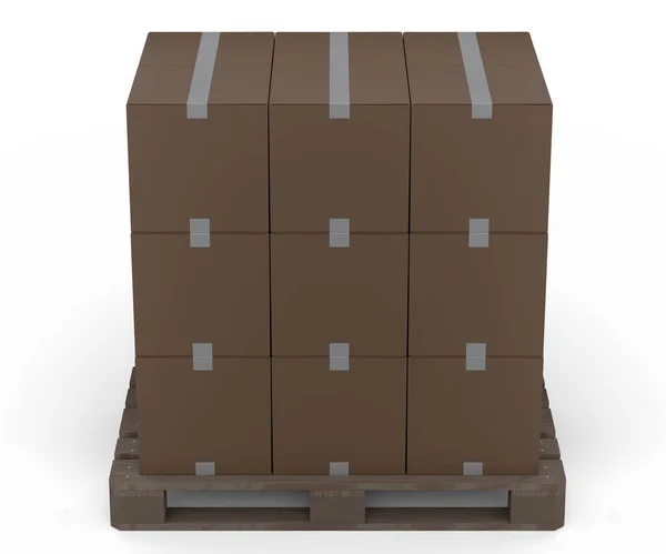 白い背景に段ボール箱付き倉庫貨物保管用木製パレットのセット 貨物の積込み及び輸送 貨物輸送 倉庫サービス機器のためのトレイの3Dレンダリング — ストック写真