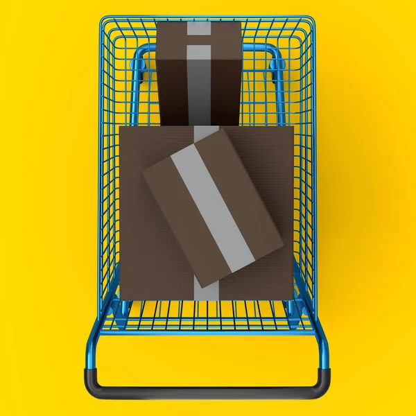 黄色の背景に食料品のショッピングカートやトロリー 3Dレンダリングの概念の販売 ショッピングや倉庫への配信 小包やオンラインショッピングを運ぶ — ストック写真