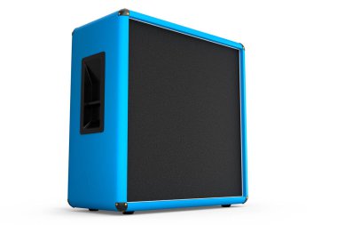 Beyaz zemin üzerinde klasik elektrik ve akustik gitar amplifikatörü izole edildi. Stüdyo veya prova odasında bas gitar kaydetmek için 3D yükseltici