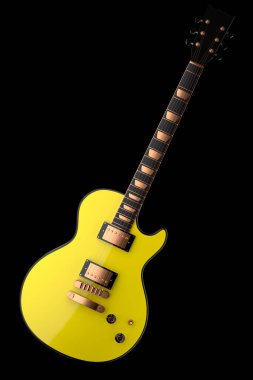 Elektro akustik gitarın yakın çekimi siyah zemin üzerinde izole edilmiş. Müzik dükkanı için heavy metal gitarlı 3D rock festivali posteri.