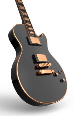 Yakın plan elektirikli akustik gitar beyaz arka planda izole edilmiş. Müzik dükkanı için heavy metal gitarlı 3D rock festivali posteri.