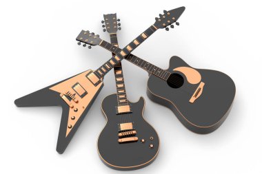 Beyaz arka planda izole edilmiş elektro akustik gitar seti. Müzik dükkanı için heavy metal gitarlı 3D rock festivali posteri.
