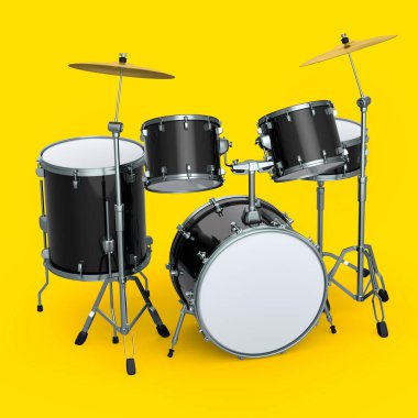 Sarı arka planda metal zilleri olan gerçekçi davullar. 3D render müzik perküsyon enstrümanı, davul makinesi ve bateri seti
