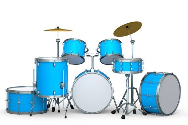 Beyaz arka planda metal zilleri olan gerçekçi davullar. 3D render müzik perküsyon enstrümanı, davul makinesi ve bateri seti