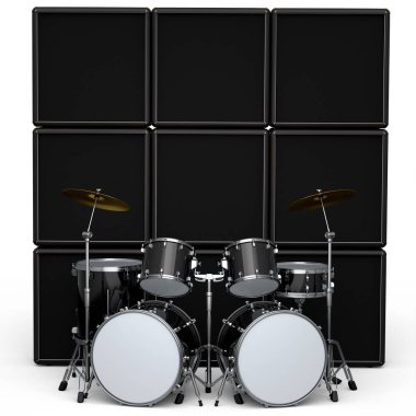 Metal zilli gerçekçi davullar veya bateri seti ve beyaz zemin üzerinde yükseltici. 3D render müzik perküsyon enstrümanı, davul makinesi ve bateri seti