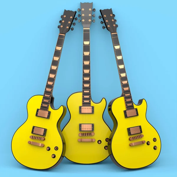 ブルーを基調としたエレクトリック アコースティック ギターのセット 音楽ショップのための重い金属ギターとロックフェスティバルポスターのための概念の3Dレンダリング — ストック写真