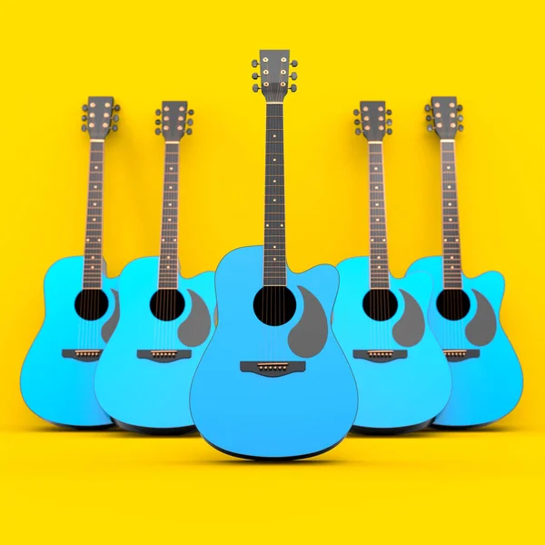 一套在黄色背景上隔离的电声吉他 音乐商店用重金属吉他摇滚音乐节海报的3D渲染概念 — 图库照片