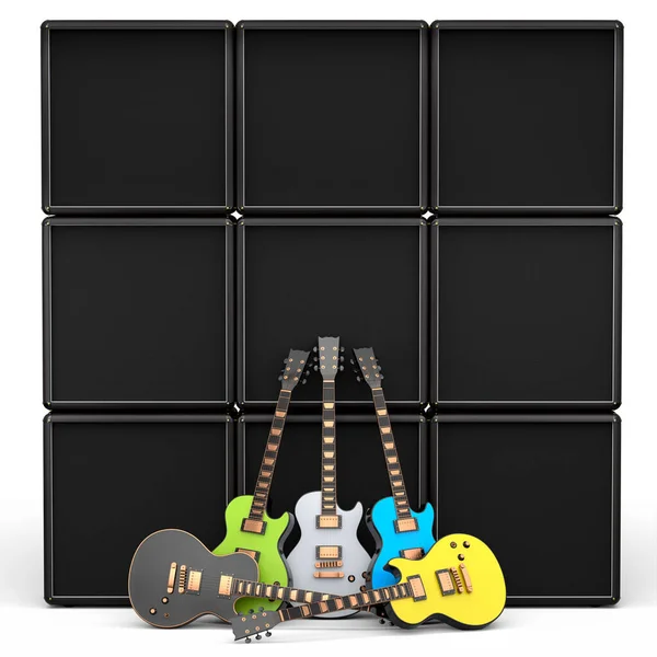 一套白色背景的电声吉他和放大器 音乐商店用重金属吉他摇滚音乐节海报的3D渲染概念 — 图库照片