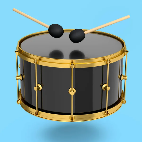 现实的鼓和木制鼓粘在蓝色的背景上 鼓机的3D渲染概念 — 图库照片
