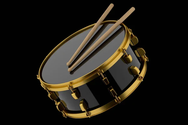 现实的鼓和木制鼓粘在黑色的背景上 鼓机的3D渲染概念 — 图库照片