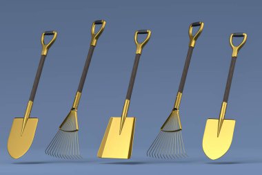 Bahçe küreği, tırmık ve gri arka plan. Çiftlik ve yaz kampı için 3D bahçe aletleri ve ekipman.