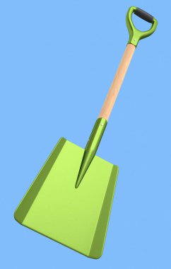 Mavi arka planda izole edilmiş ahşap saplı bahçe küreği. Çiftlik ve yaz kampı için 3D bahçe aletleri ve ekipman.
