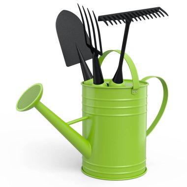 Beyaz arka planda kürek, tırmık ve çatal gibi bahçe aletleriyle sulama tenekesi. 3D bahçe işleri ve tarım malzemeleri kavramı