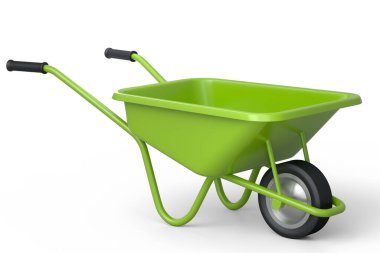 Garden wheelbarrow isolated on white background. Handcart with wheel. 3d render of farm gardening tool for carriage of cargoes.