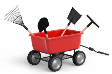 Bahçe el arabası, arka planda kürek, tırmık ve çatal gibi aletlerle. El arabası ya da direksiyonlu bir araba. Kargo taşımacılığı için 3D tarım bahçesi oluşturma aracı.