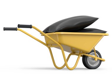 Garden wheelbarrow isolated on white background. Handcart or cart with bags. 3d render of farm gardening tool for carriage of cargoes.