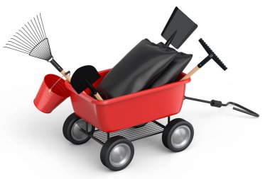 Bahçe el arabası, kürek, su kovası ve beyaz arka planda çatal gibi aletler. El arabası ya da direksiyonlu bir araba. Kargo taşımacılığı için 3D tarım bahçesi oluşturma aracı.