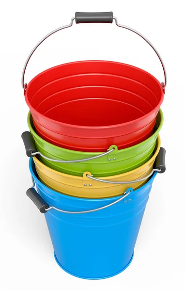 Set Metal Garden Buckets Isolated White Background Render Care Hydration — Stock Photo, Image