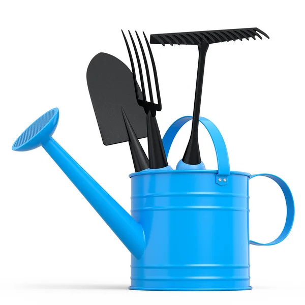 Watering Can Garden Tools Shovel Rake Fork White Background Render — Stock Photo, Image
