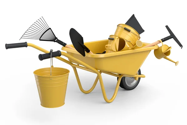 Garden Wheelbarrow Garden Tools Shovel Watering Can Fork White Background —  Fotos de Stock