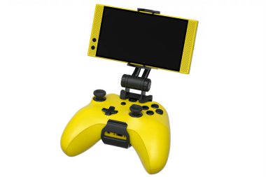 Beyaz arka planda cep telefonuyla oyun oynamak için gerçekçi sarı joystick. Video oyunu akış konseptinin 3 boyutlu yorumlaması