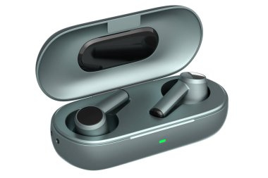 Kablosuz kulaklıkların beyaz arka plandaki baz kutusunda 3 boyutlu görüntüsü. Egzersiz ya da dinleme hizmetleri için kulaklık kavramı