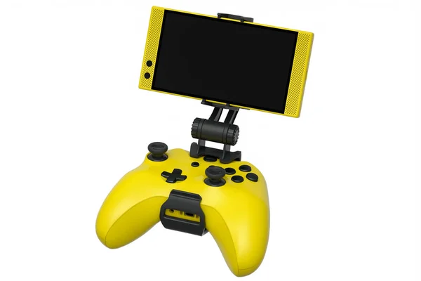 Реалистичный Желтый Джойстик Игр Мобильном Телефоне Белом Фоне Рендеринг Концепции — стоковое фото