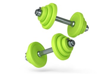 Beyaz arka planda izole edilmiş yeşil diskleri olan bir çift dambıl. Spor malzemelerinin fitness ve powerlift için 3D yorumlaması