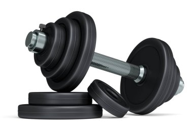 Beyaz arka planda siyah diskleri olan metal halterler. Spor malzemelerinin fitness ve powerlift için 3D yorumlaması