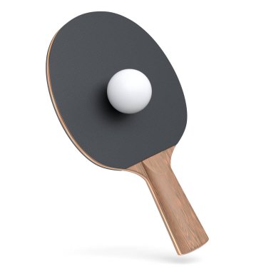 Masa tenisi için siyah masa tenisi raketi ve beyaz arka planda izole edilmiş top. Aktif eğitim için 3D spor ekipmanı hazırlama