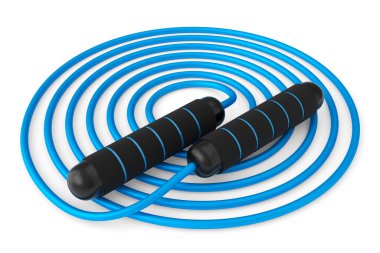 Mavi ip atlama ya da beyaz arka planda izole edilmiş ip atlama. Aktif eğitim, egzersiz ya da spor egzersizleri için 3D spor ekipmanı hazırlama