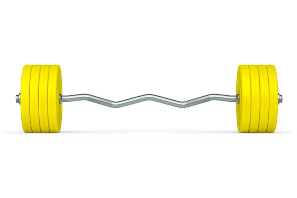 带黄色圆盘的金属棒柄 独立于白色背景 3D提供用于健身和举重的体育设备 — 图库照片