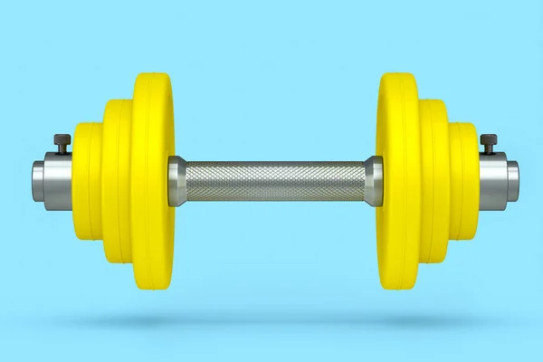 金属哑铃 黄色圆盘 蓝色背景隔离 3D提供用于健身和举重的体育设备 — 图库照片