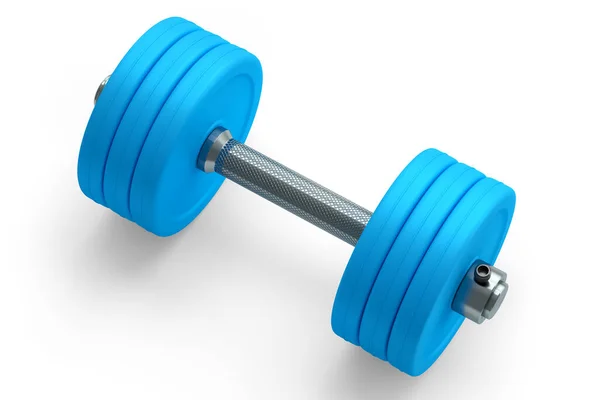 金属哑铃 蓝色圆盘 白色背景隔离 3D提供用于健身和举重的体育设备 — 图库照片