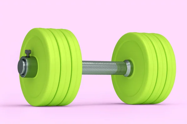 金属哑铃 绿色圆盘隔离在粉红色的背景上 3D提供用于健身和举重的体育设备 — 图库照片