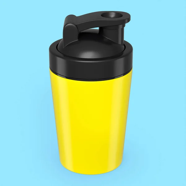 Gelber Kunststoff Sportshaker Für Proteingetränk Isoliert Auf Blauem Hintergrund Darstellung — Stockfoto
