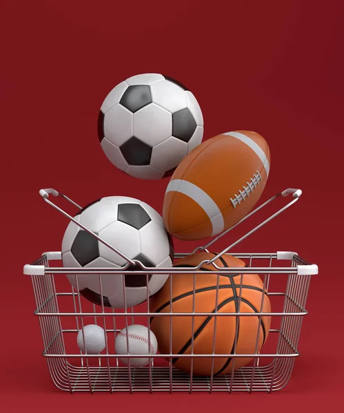 Set of ball like basketball, american football and golf in shopping basket on red background. 3d rendering of sport accessories for team playing games