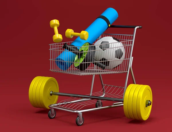 运动器材用于健身 健身房 红色背景购物车的交叉装束 3D渲染动力升降概念 — 图库照片