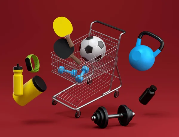 フィットネス 赤を背景にショッピングカートのクロスフィットのためのスポーツ機器 パワーリフティングとフィットネスコンセプトの3Dレンダリング — ストック写真
