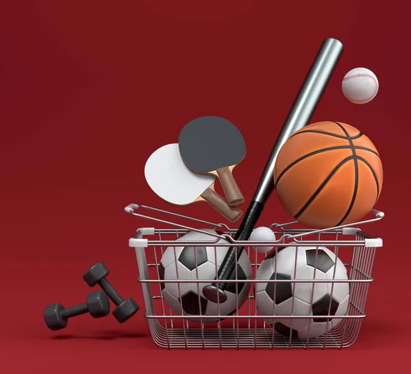 バスケットボール アメリカンフットボール ピンポン ゴルフのためのスポーツ用具のセットは 赤い背景にショッピングバスケットにあります チームゲームをプレイするためのスポーツアクセサリーの3Dレンダリング — ストック写真